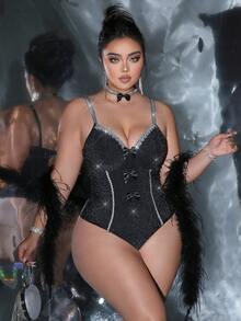MidnightGlam Plus Size Women Shiny Silver Bowknot Camisole Bodysuit With Neck Scarf 2 Pieces Set, Black Summer Rave Lingerie For Honeymoon,Date Night Outfit - Black - View 3