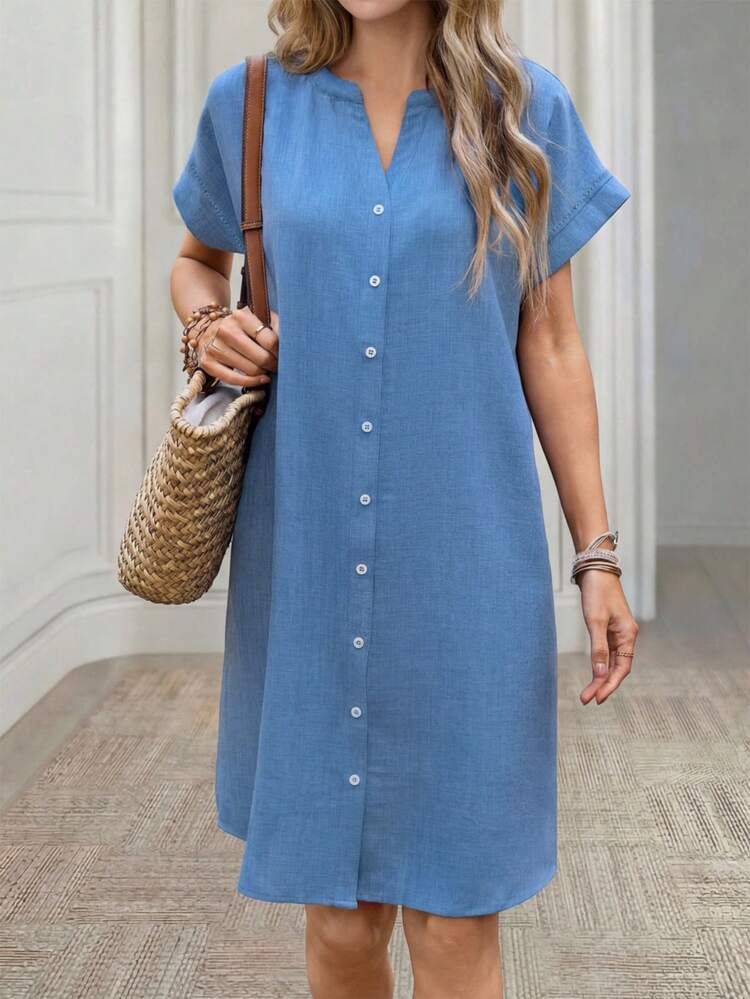 Women's Casual Denim Effect Fabric Mid-Length Shirt Dress, Spring/Summer