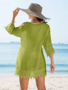Swim Vcay Kimono Kasual Wanita Warna Polos dengan Leher V dan Patchwork Renda, Transparan, untuk Liburan. - Olive Green - View 2