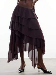 LYSMO 2026 New Arrive Minimalism Spring/Summer Women's Fashion Asymmetrical Hem Ruffle Hem Skirt - Coffee Brown - View 10