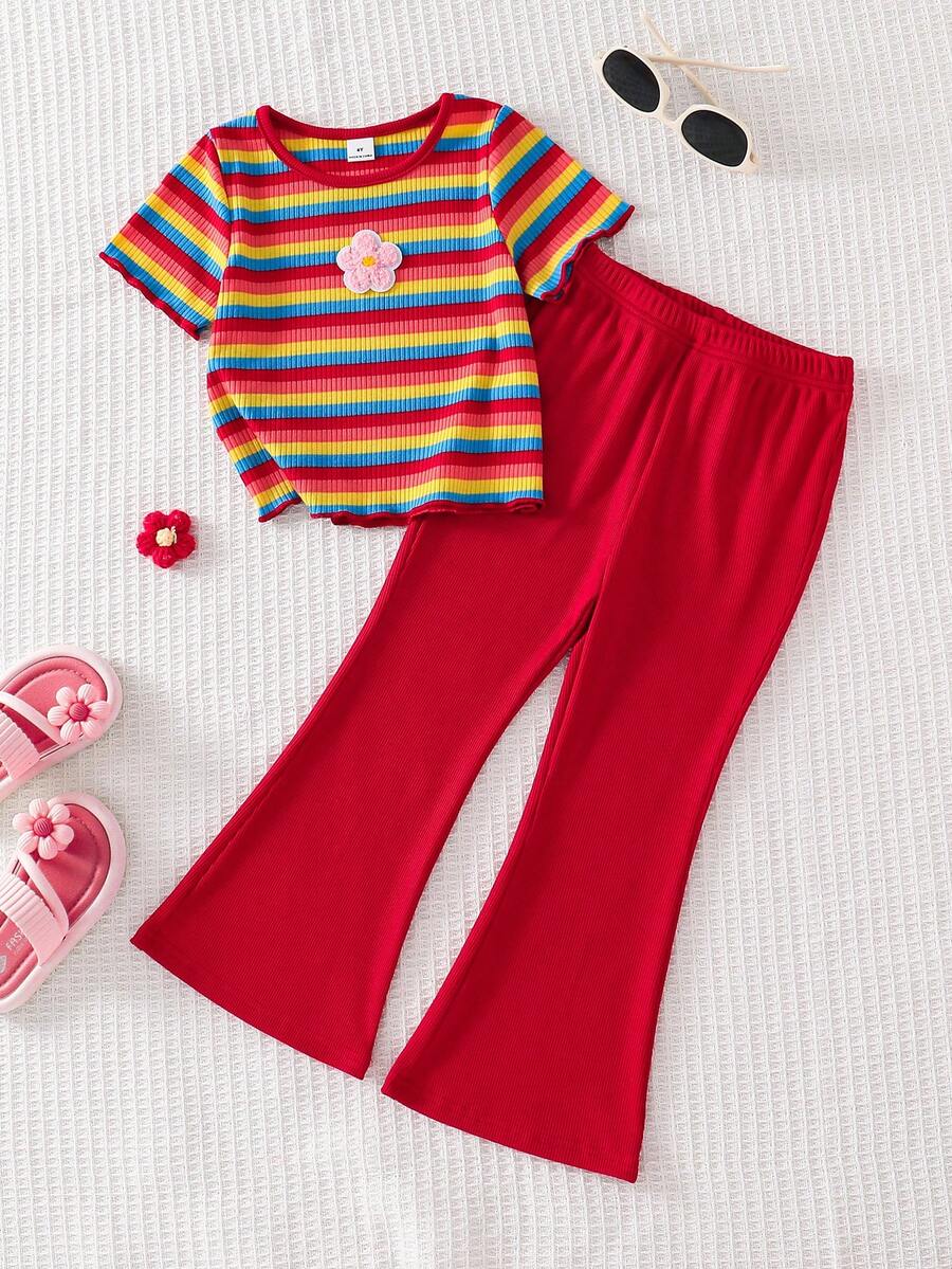 Conjunto de pantalones acampanados con costillas bordadas de rayas coloridas y moradas para niña, estilo vacaciones - Burdeos - Ver 1