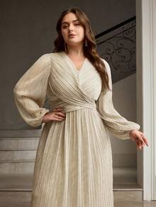 ZEYLAH Plus Size Women V-Neck Ruched Waist Elegant Casual Formal Party Bussines Wedding Dress Wedding Champagne Autumn - Apricot - View 4