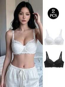 Napfluff 2 Packs Floral Lace Underwire Lingerie Bra Set - Black and White - View 1