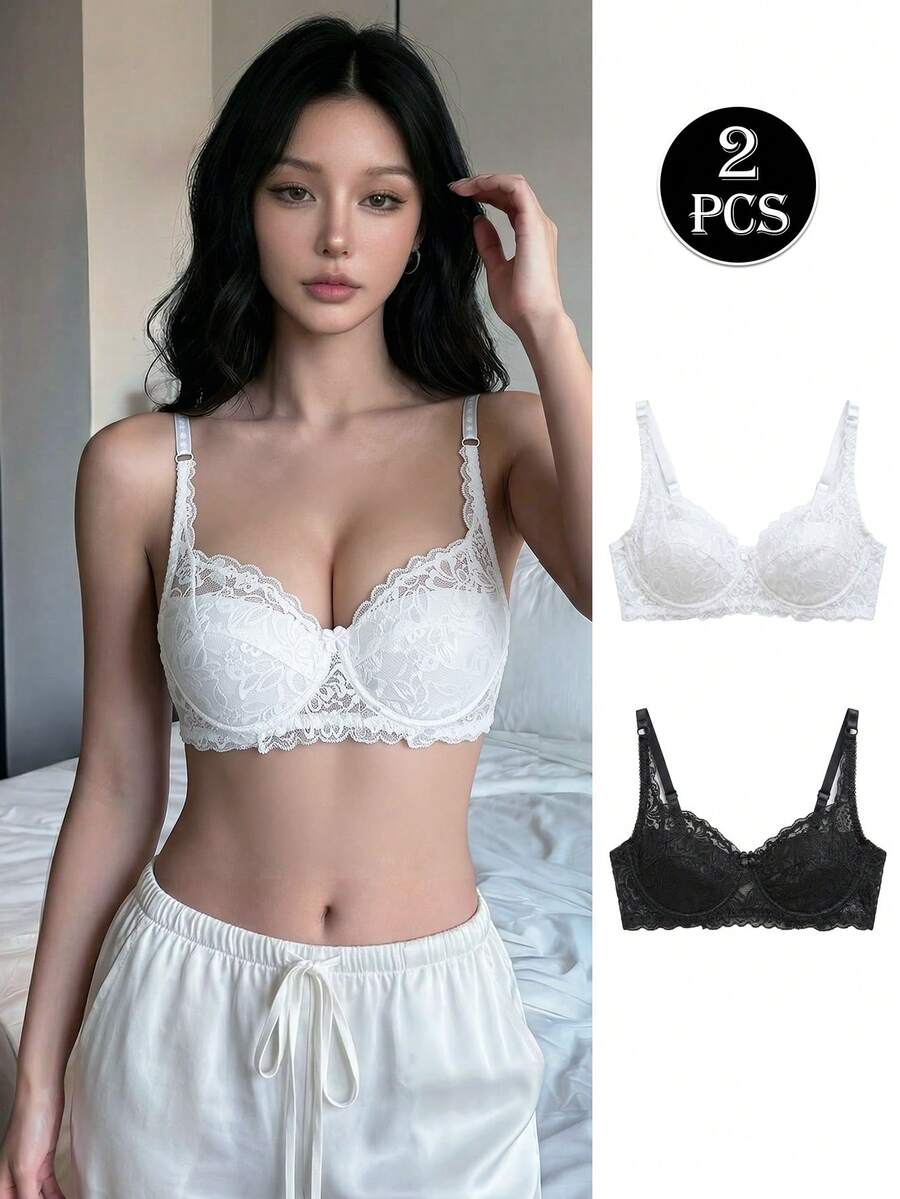 Napfluff 2 Packs Floral Lace Underwire Lingerie Bra Set - Black and White - View 1