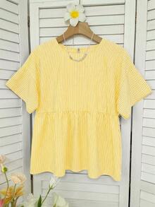 SHEIN EZwear Yellow Striped Woven Women's Shirt - Yellow - View 5