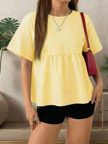 SHEIN EZwear Yellow Striped Woven Women's Shirt - Yellow - View 12
