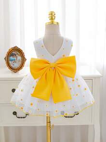 Glamorique Kids 女婴黄色雏菊印花无袖V领网纱缎面撞色腰带露背蝴蝶结连衣裙，女婴节日表演生日派对优雅连衣裙 - 黃色 - 查看 2