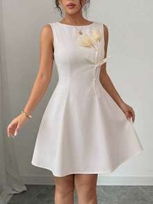 Modelyn Women's Elegant Sophisticated Socialite Gentle Floral Sleeveless Waist Cinched A-Line Dress - Apricot - View 6