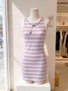 Resyla Women's Striped Print Round Neck Fitted Sleeveless Dress, New Arrival Spring/Summer - Multicolor - View 3