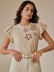 Anewsta Women's Casual/Work Wear Tee With Ocean Embroidery Pattern, Bubble Sleeves, Beaded Decor, Spring/Summer - Khaki - View 7
