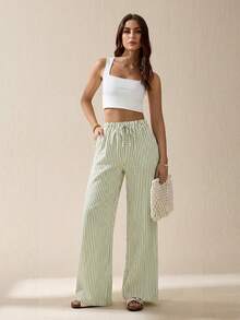 SHEIN Tall 条纹印花休闲日常女装春夏长裤 - 軍綠色 - 查看 6