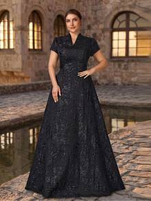 Serin Vestido de línea A de lujo con cuello alto, manga corta y jacquard, elegante y romántico, adecuado para bodas, fiestas, eventos formales, vestido de madre de la novia, talla grande - Negro - Ver 9