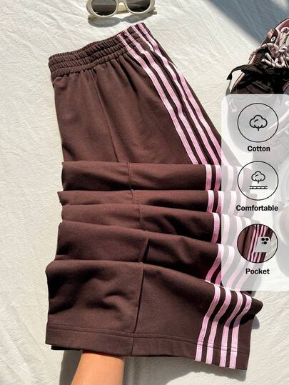 Comfortcana Comfortable Plus Size Brown Striped Sweatpants Made From Knitted Fabric With Drawstring Details For Casual Wear