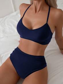 SHEIN Swim Women Summer Beach Solid Sexy Bikini Set, For Beach Vacation - Navy Blue - View 3