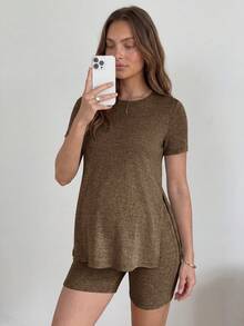 Slowluna 2pcs Maternity Casual Round Neck Short Sleeve Split Hem T-Shirt And Adjustable Waist Shorts Set - Brown - View 8