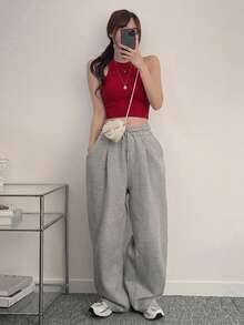 DAZY 女士夏季休闲运动日常通勤百搭纯色罗纹针织修身短款背心 - 紅色 - 查看 4