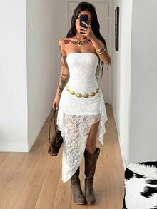 Coolane Robe asymétrique sans manches pour femmes, tenue de rue d'été Y2K, tenue de club sexy, tenue de festival de musique - Blanc - Voir 5