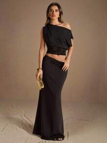 SHEIN BAE Women's Lace Camisole & Mermaid Hem Skirt Elegant 2-Piece Set, Minimalist 2-Piece Set, Casual 2-Piece Set, Spring/Summer Ladies Two Piece Outfits Black Tie Event Outfits For Women Evening Dresses - Black - View 3