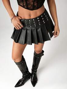 SHEIN ICON Women's Autumn Fashion Street Punk Style PU Leather Rivet Decor Pleated Mini Skirt Rave Black - Black - View 2