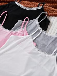 4 Conjuntos de Camisole com Renda Doce, Design de Renda Delicada no Decote, Sem Estampas, Cores Clássicas Incluem Preto, Cinza Claro, Rosa, Branco, Versátil - Multicolorido - Visão 3