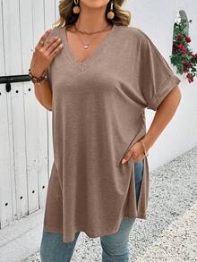 EMERY ROSE Plus Size Summer Casual Solid Color Batwing Sleeve Side Slit T-Shirt - Khaki - View 1