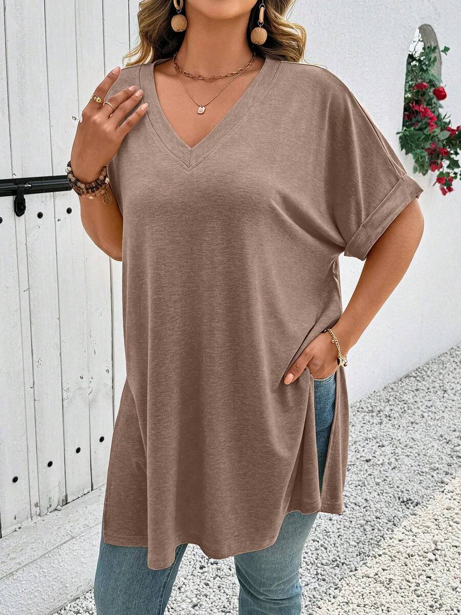 EMERY ROSE Plus Size Summer Casual Solid Color Batwing Sleeve Side Slit T-Shirt - Khaki - View 1