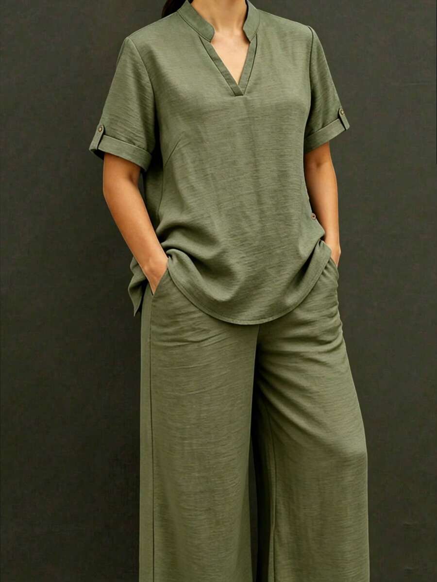 Linhara CURVE 大码女式休闲褶皱V领短袖衬衫搭配直筒裤，带口袋两件套，简约休闲装，适合工作和日常穿着，春夏款 - 軍綠色 - 查看 1