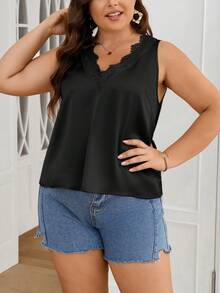 SHEIN Privé Elegant V-Neck Lace Patchwork Shiny Summer Sleeveless Plus Size Blouse, Suitable For Office, Casual Outings, Travel And Holiday - Black - View 4