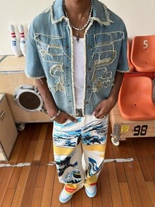 STEELVANCE 中式刺绣毛边牛仔上衣 - 藍色 - 查看 4