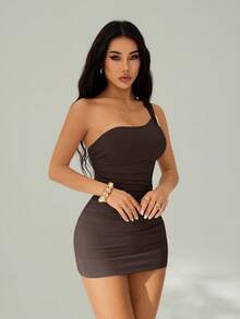 SHEIN PETITE Đầm lệch vai, cổ xếp ly, dáng đuôi cá, đính trâm cài màu vàng, thích hợp cho đám cưới mùa thu hoặc dự tiệc. - màu nâu - Xem 4