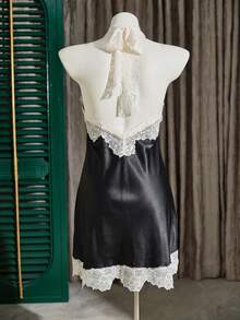 LuxeNights 1件女士性感蕾丝边缎面吊带裙，优雅细肩带睡袍，适合所有季节 - 黑色 - 查看 4