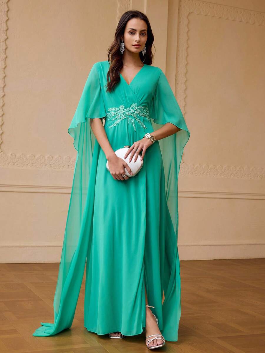 ZEYLAH VESTIDO DE CAPA ELEGANTE PARA FIESTA/BANQUETE DE MUJER CON BORDADO DE LENTEJUELAS Y CUENTAS EN CONTRASTE - Verde - Ver 1