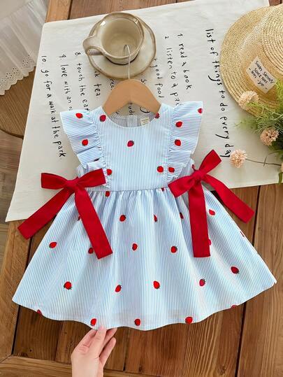 LMoss Kids Đầm dệt cho bé gái, cổ tròn, họa tiết dâu tây, sọc, xếp ly, trang trí nơ.