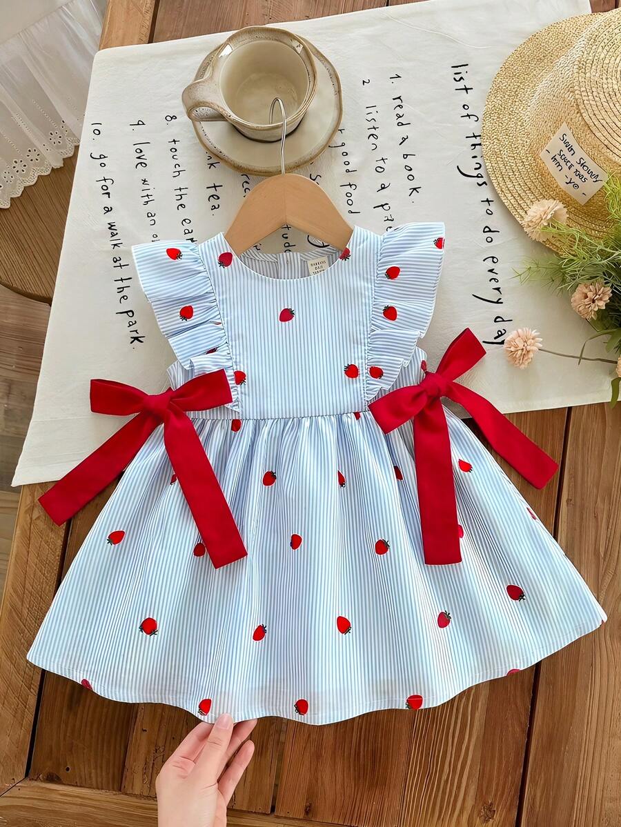 LMoss Kids Baby Girl Woven Contrast Color Round Neck Strawberry Pattern Striped Ruffle Trim Bow Decor Dress - Blue - View 1