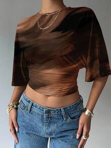 Aloruh Women's Fashionable Tie-Dye Print Batwing Sleeve Ruched Waist T-Shirt, Summer - Brown - View 1