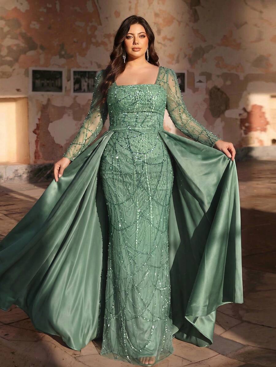 Aureia 大码优雅奢华黑色方领长袖连衣裙，饰以珍珠和水钻，适合婚礼、派对、庆典、正式晚宴及其他场合。 - 綠色 - 查看 1