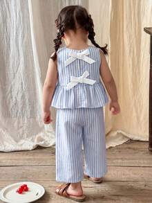 LMoss Kids 2 pièces Ensemble Top sans manches rayé tissé et leggings pour bébé fille - Bleu azur - Voir 9