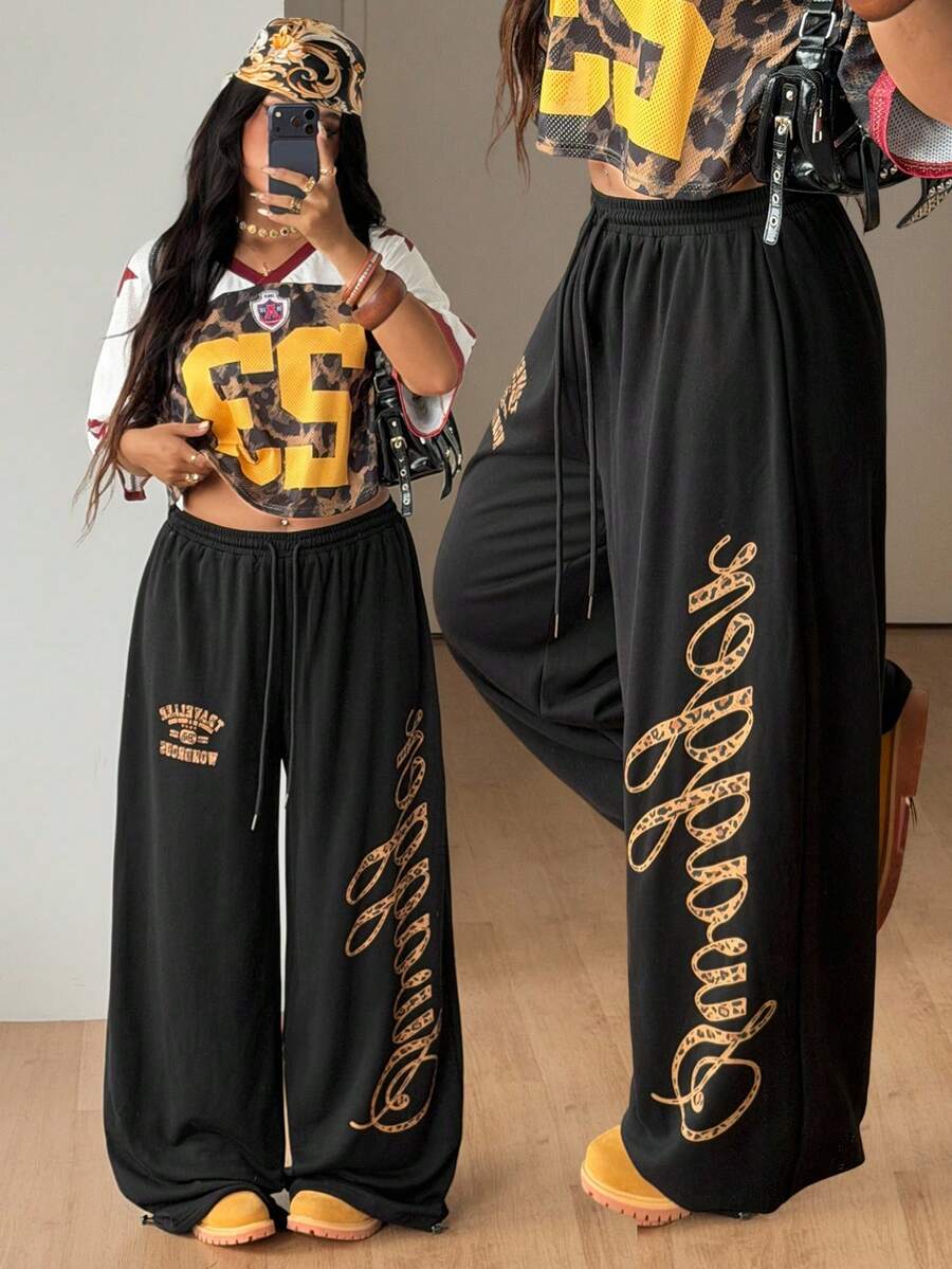 Coolane 夏季女装加大码街头风运动裤，适合比赛日、返校季、复古豹纹印花，舒适黑色宽松阔腿运动裤 - 黑色 - 查看 1