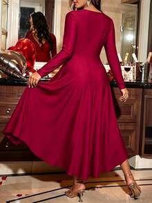 Vionelle Plus Size Women's Elegant Formal Burgundy Evening Dress Flowing Knitted Asymmetrical Hem Birthday Cocktail Dinner Date Night Party Outfit Autumn - Red - View 2