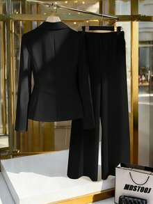 GlowEve Spring New Yellow Elegant Commuter Chic Waist Cinched Flare Pants With Decorative Button Design Women 2 Pieces Set - Black - View 2