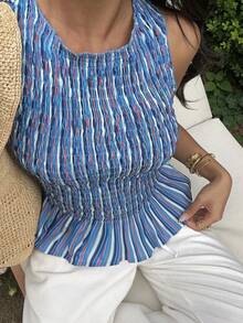 Sunnyshic Women's Spring/Summer Vacation Style Elegant Multi-Color Striped Patchwork Ruffle Trim Sleeveless Blouse Shirt - Multicolor - View 4