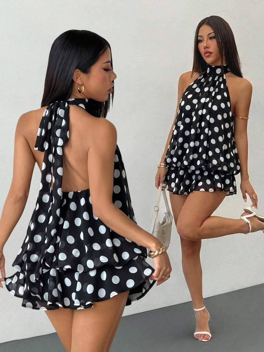 SHEIN PETITE 女款優雅米色掛脖綁帶迷你洋裝,夏季女裝,適合嬌小女性 - 黑色 - 查看 1