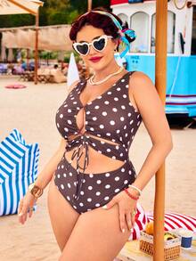 Swim Vcay Traje de baño de una pieza con estampado de lunares, con lazos y aberturas, para mujer de talla grande, ideal para vacaciones en la playa - Marrón - Ver 5