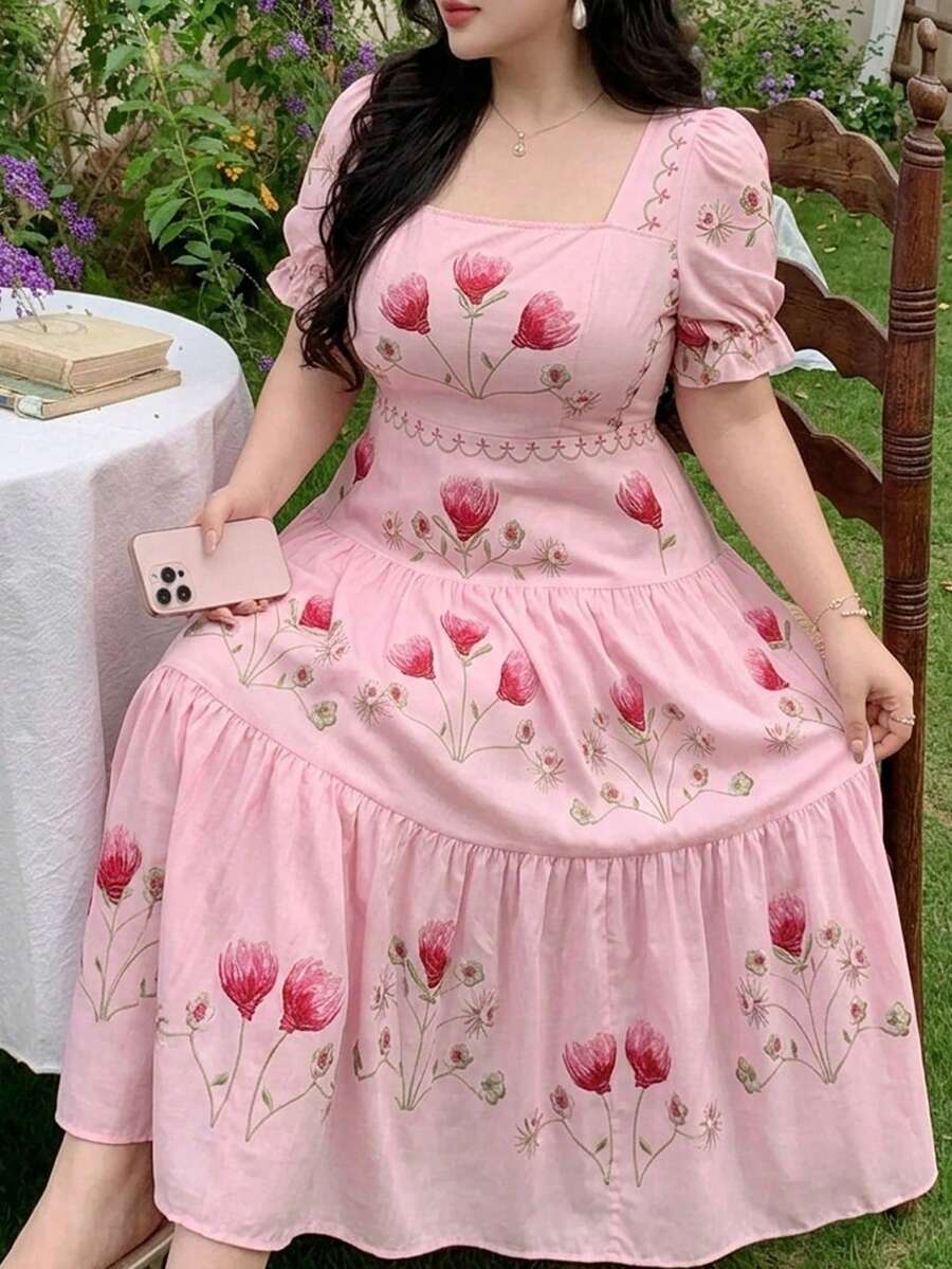 Casual Elegant French Square Collar Printed Date/Party/Vacation Pink Short Puff Sleeve Embroidered Dress, Summer Plus Size - Pink - View 1