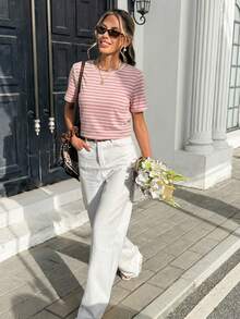 Muvela Damen Lässig gestreiftes Kurzarm T-Shirt, Sommer - Pink - Übersicht 5