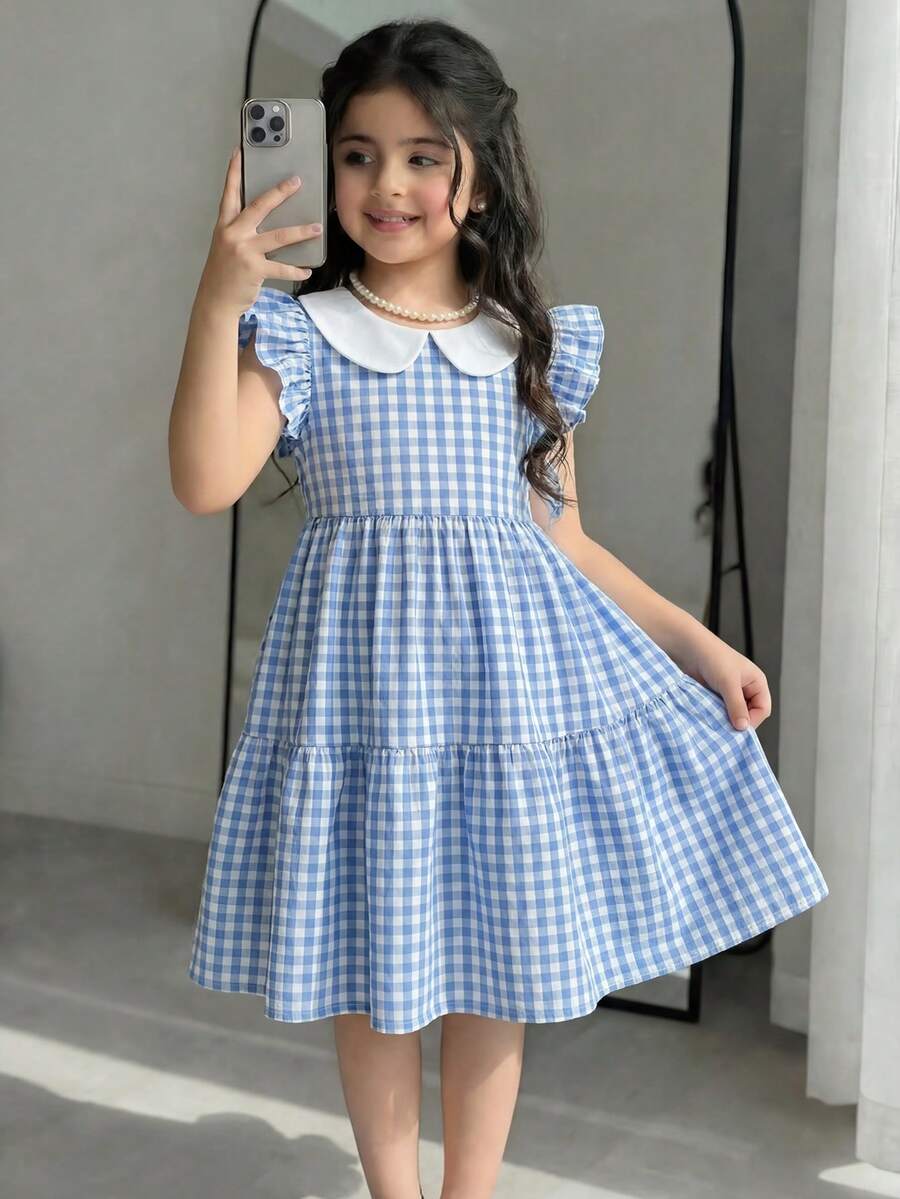 这款少女休闲日常百搭舒适宽松拼接撞色蓝色格子A字连衣裙，柔软公主风，适合母亲节、派对、聚会、姐妹装、返校日常穿着。 - 藍色 - 查看 1
