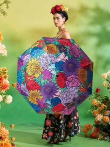 Frida Kahlo X SHEIN 1把印花图案雨伞，UPF 50+ 防紫外线，适合学校、工作、户外活动和日常使用，专为大学生、高中生、男女设计，墨西哥风格，热带花卉、蝴蝶、弗里达·卡罗、复古艺术，展现女性力量。 - 彩色 - 查看 2