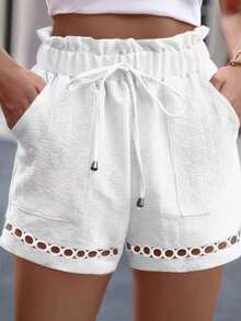 2025 Plus Size Women Baggy Waist Pockets Lace Hem Shorts, Summer - White - View 1