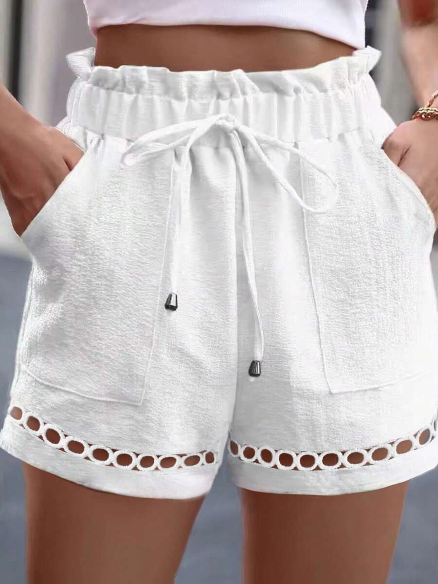 2025 Plus Size Women Baggy Waist Pockets Lace Hem Shorts, Summer - White - View 1