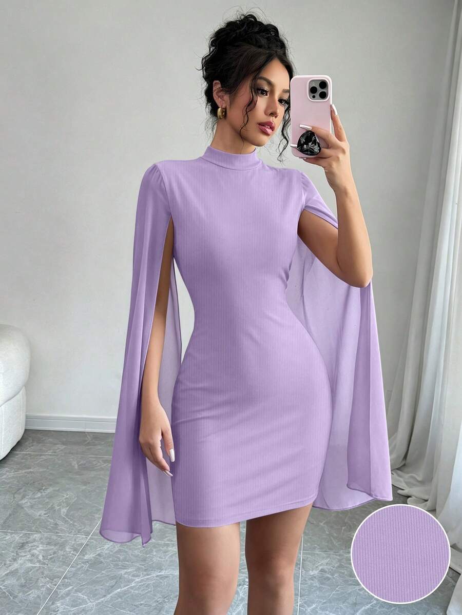 Selianne Đầm ôm sát ngắn với cổ đứng và áo choàng, màu trơn - Màu tím - Xem 1